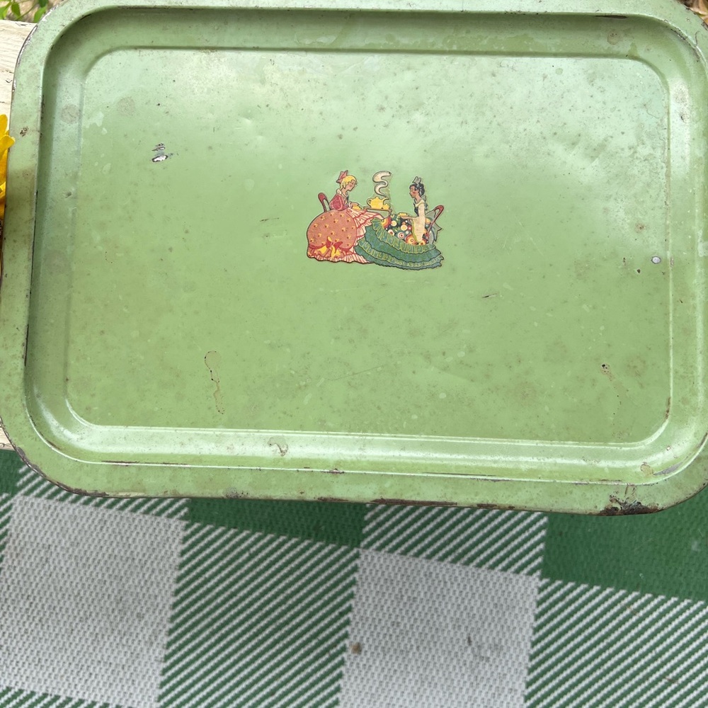 Vintage 1940’s- 60’s green  Metal Tray Slight dents, paint wear, very light rust